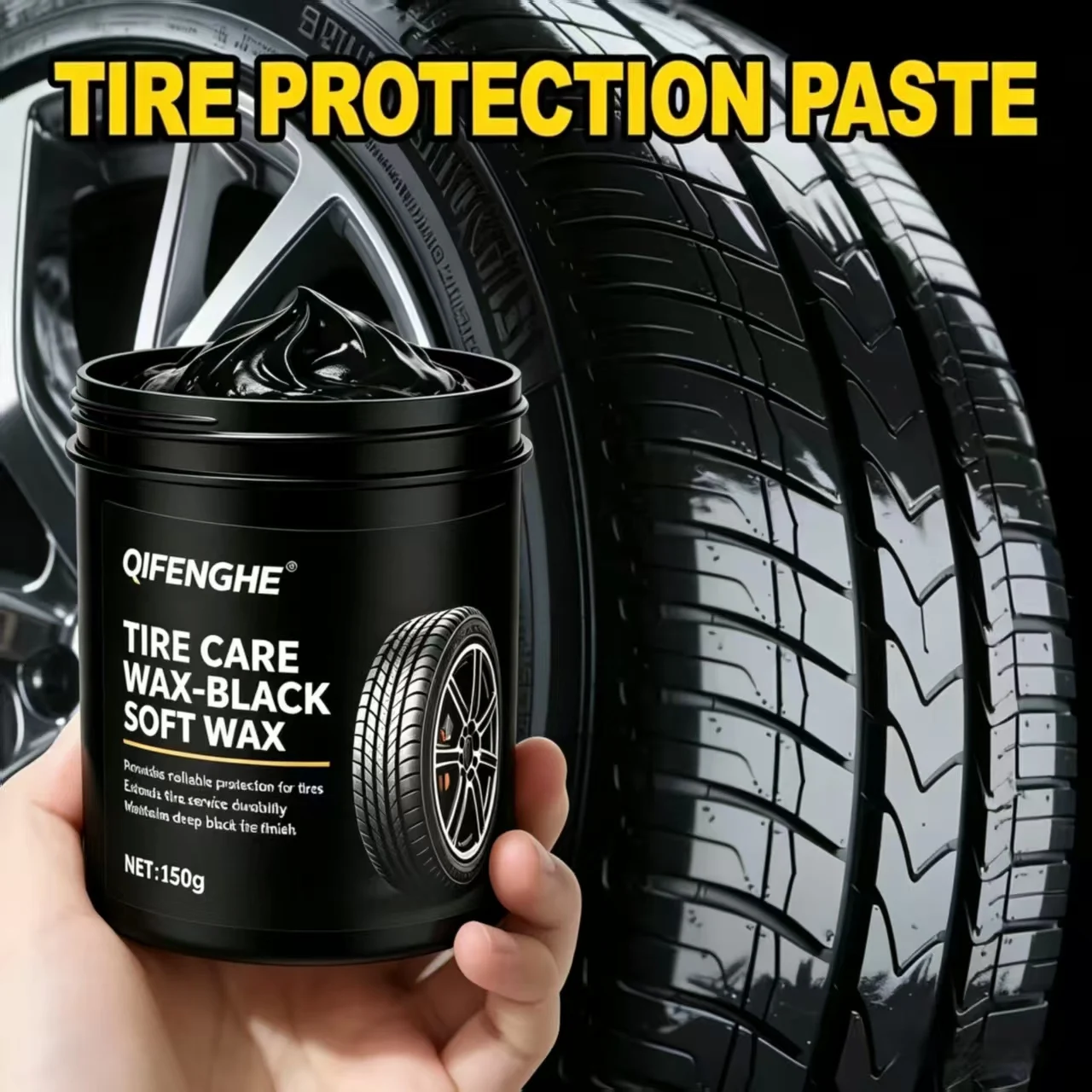 

QIFENGHE 150g Black Soft Tire Care Wax Deep Black Shine Anti Aging Car Tire Renovator Long Lasting Protection Auto Rubber Tire D
