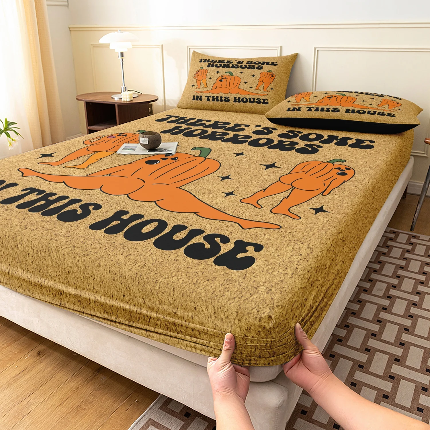 3Pcs Halloween Print Fitted Sheet Set, Retro Cork Dancing Pumpkin There's Some Horrors In This House Slogan Printed Bedding,