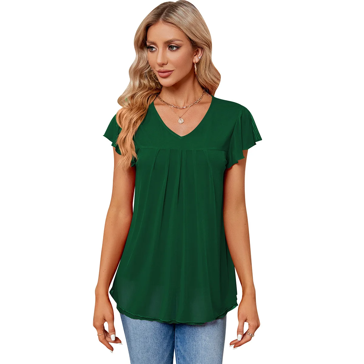 2024 Summer T-shirts For Women Loose Pleated V-neck Soft Double-layer Mesh T-shirt Female Casual Pure Color T-shirt Women's Tops