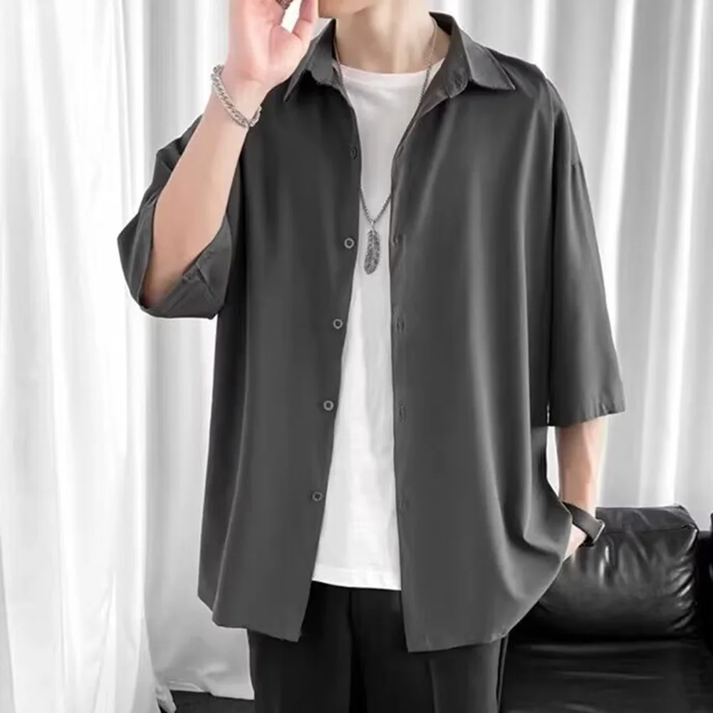 

Casual Outing White Ice Silk Shirt Comfortable Button Up Shirt Button Lapel Solid Color All Seasons Casual Style