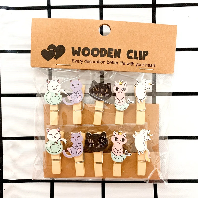 10pcs/lot Lovely Colorful Long Tail Cat Wooden Photo Paper Clips Peg Pin Craft Postcard Clips Home Wedding Decoration