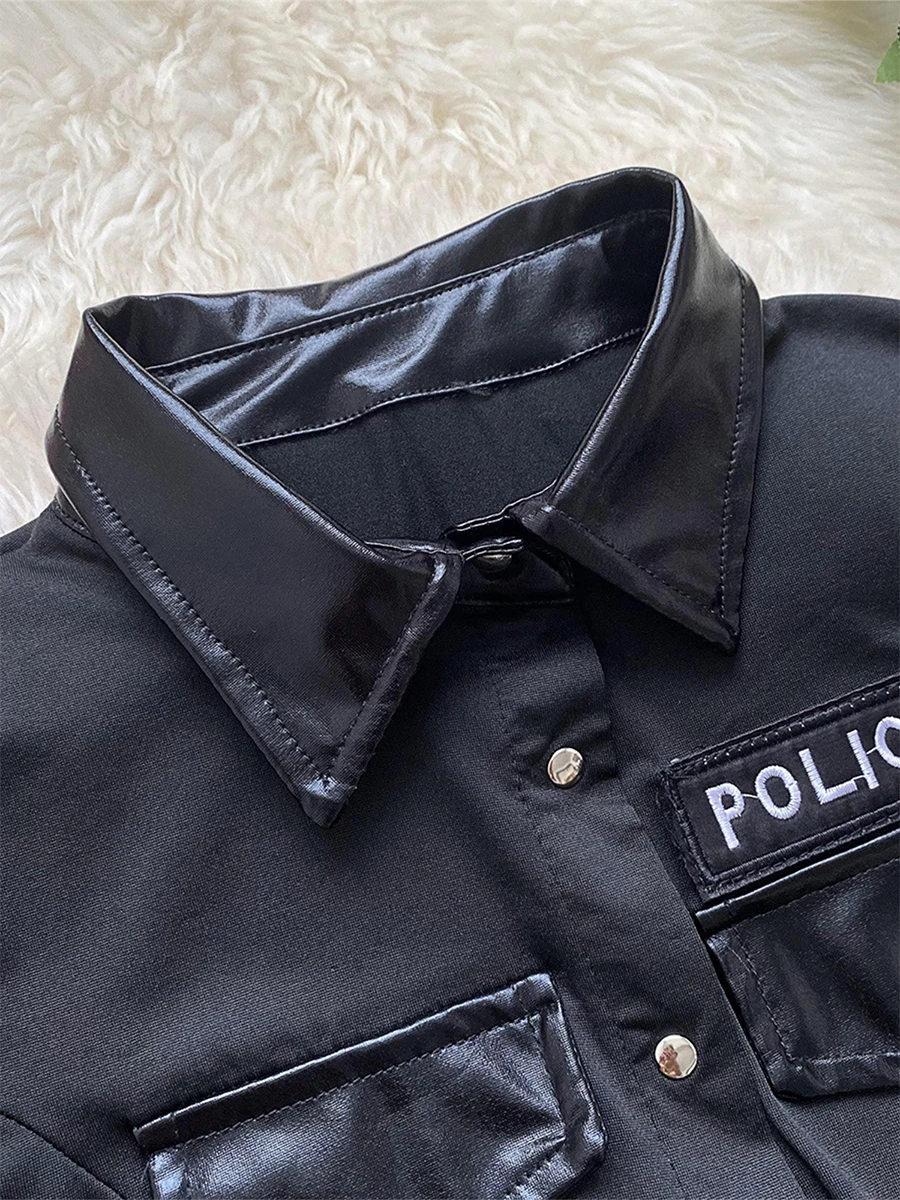 Conjunto de lencería para mujer, traje de policía con manga corta, tops cortos, minifalda, tangas de cintura baja