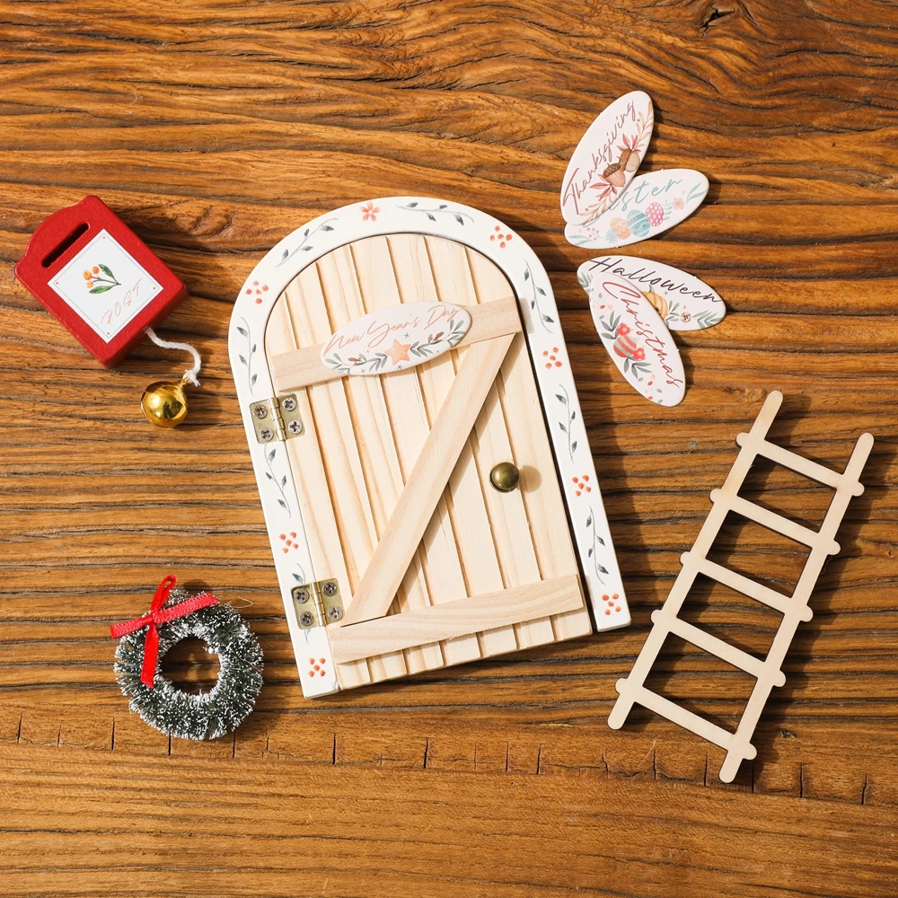 Mini Home Decorations Cartoon Christmas Room Decoration Dollhouse Wood Fairy Elf Door Fairy-tale-styl Decoration Craft Ornaments
