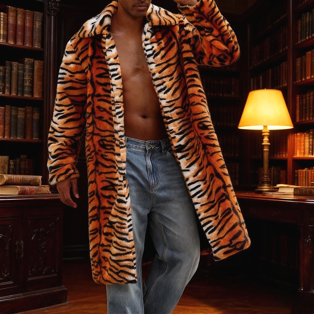 Men Tiger Stripe Coat Faux Fur Jacket Color Blocked Turn Down Collar Long Sleeve Single Breasted Loose Casual 2025 Autumn Winter