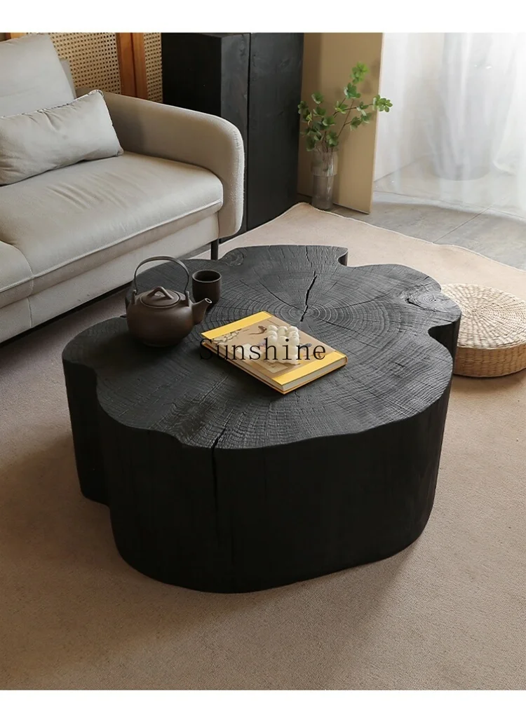 Silent wind wooden pier B & B round tea table log carbonized desk four-leaf clover irregular creative wooden pile tea table