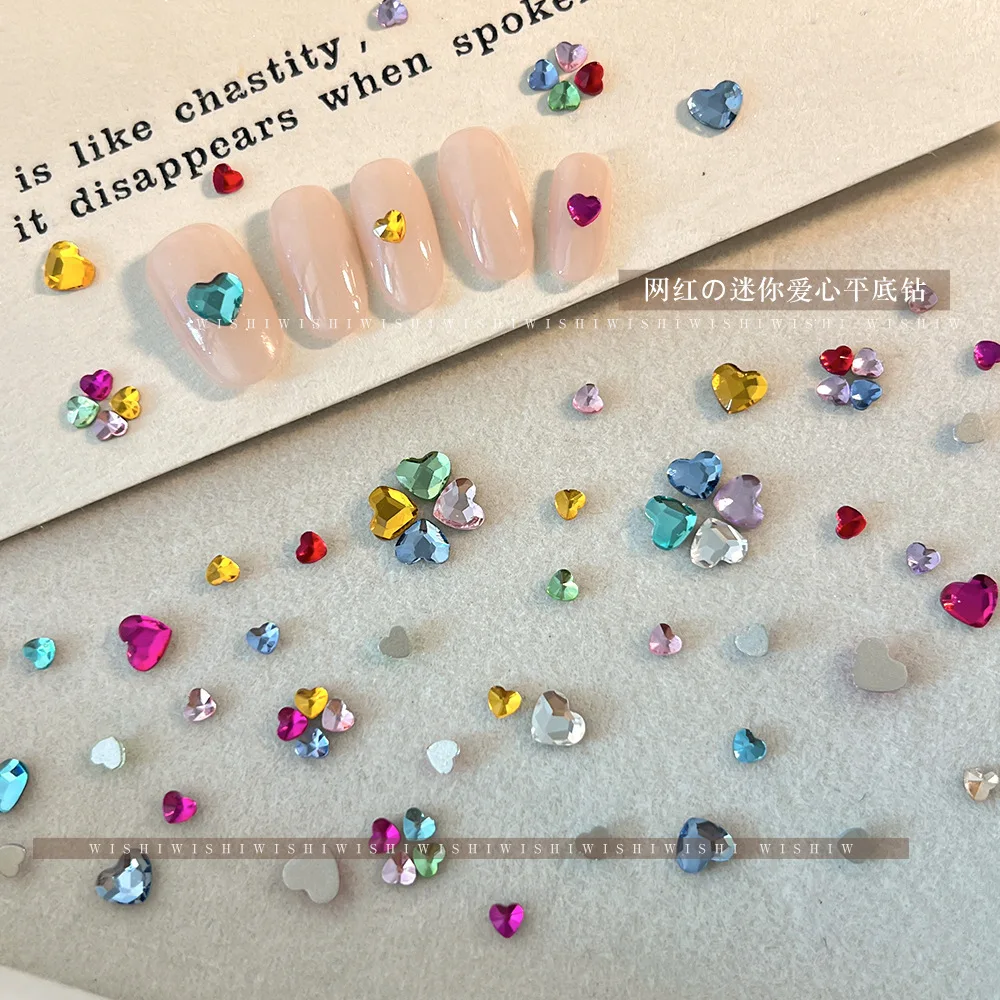 50pcs Colorful Heart Nail Diamond Sparkling Peach Heart Mixed Mini Heart Flat Bottom Diamond Nail Diamond Jewelry