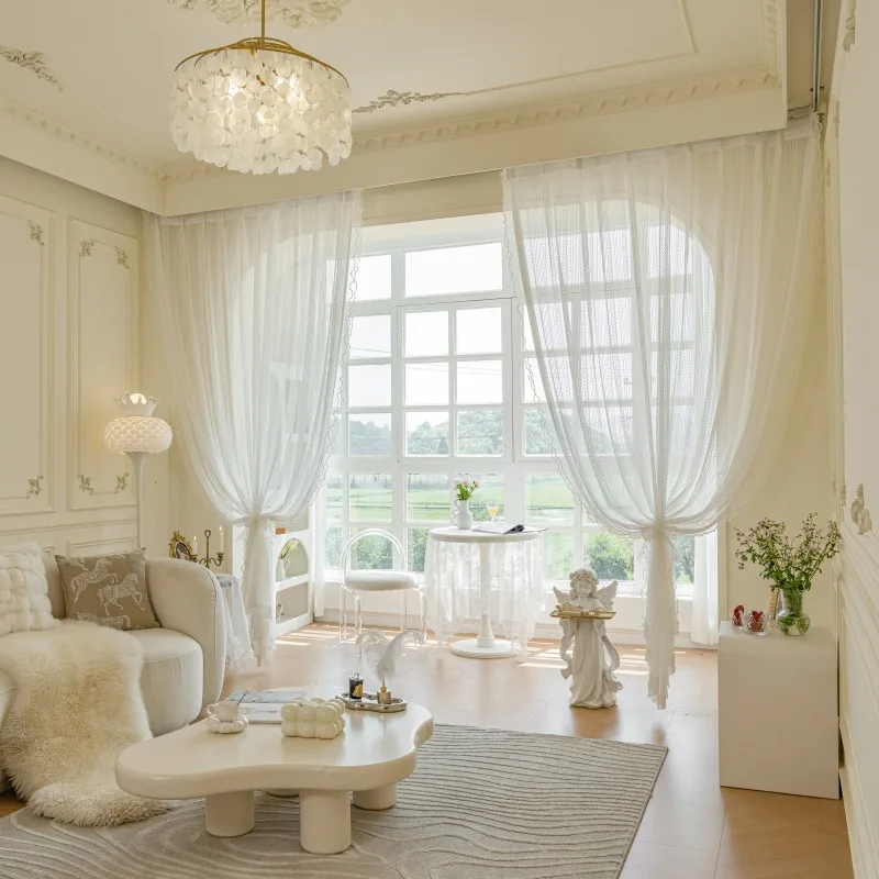 Simple Modern White Curtains Light Luxury  Floor Window Curtains for Living Dining Room Bedroom Floating Window Curtains