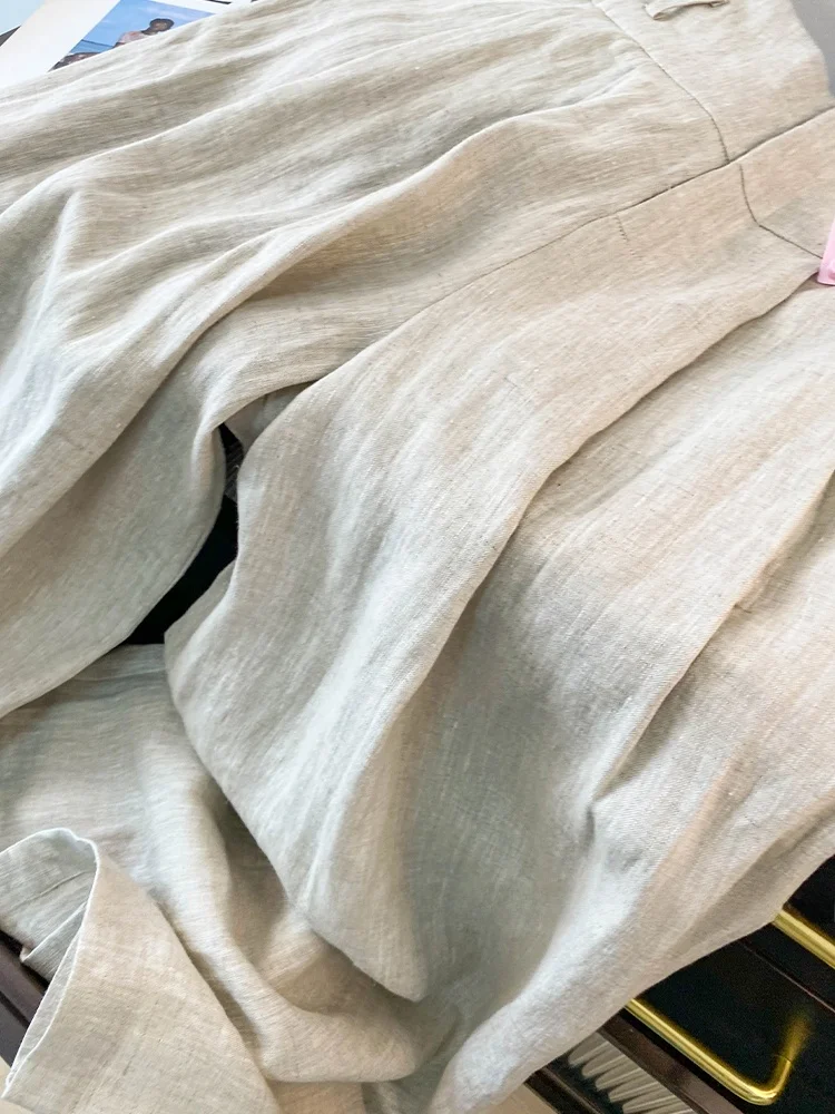 الرجعية القطن الكتان السراويل واسعة الساق تنورة المرأة فضفاضة عالية الخصر ثنيات عارضة خفيفة الوزن الكتان الطابق طول السراويل #5