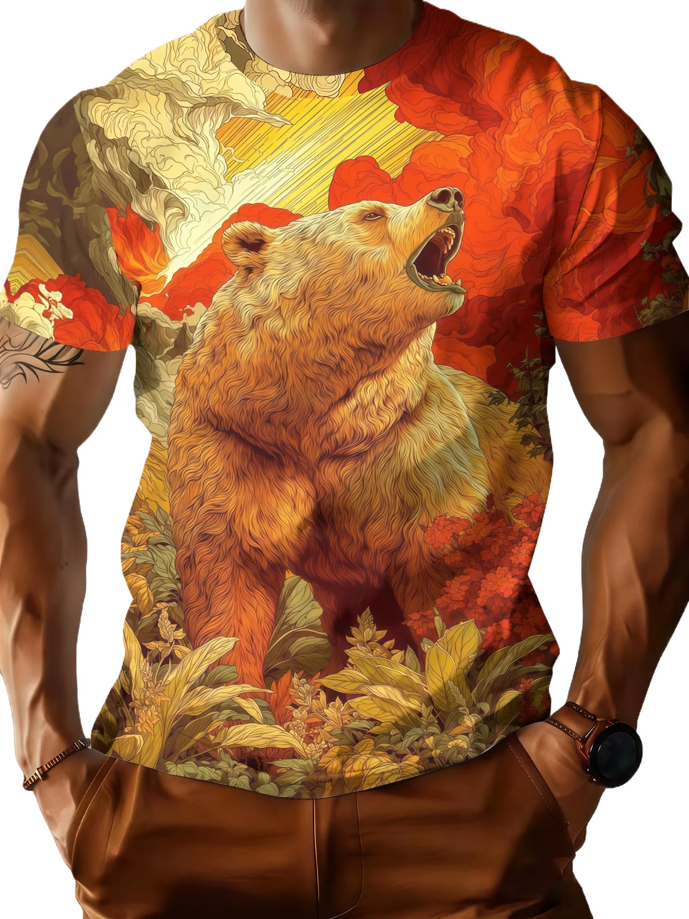 Men's T-shirt 2026 Original Designer Summer Geometric Brown Bear Print O-neck Short Sleeve Personalized Versatile Men's Clothing