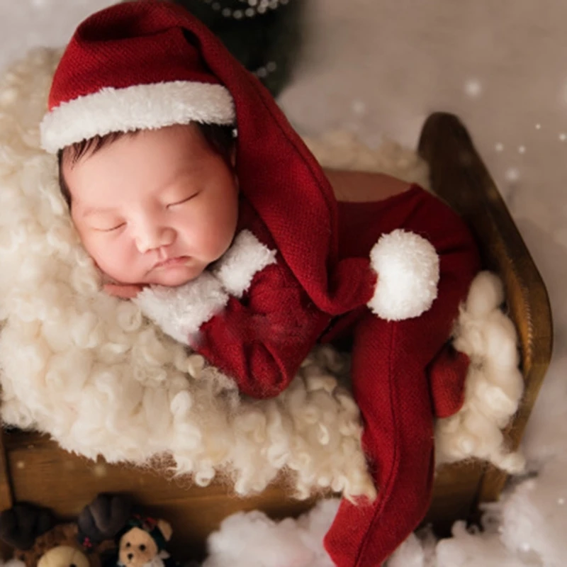 0-1Month Baby Photo Outfit Christmas Jumpsuit Santa Hat Newborn Photography Costume Set Infant Photoshooting Suit 2pcs