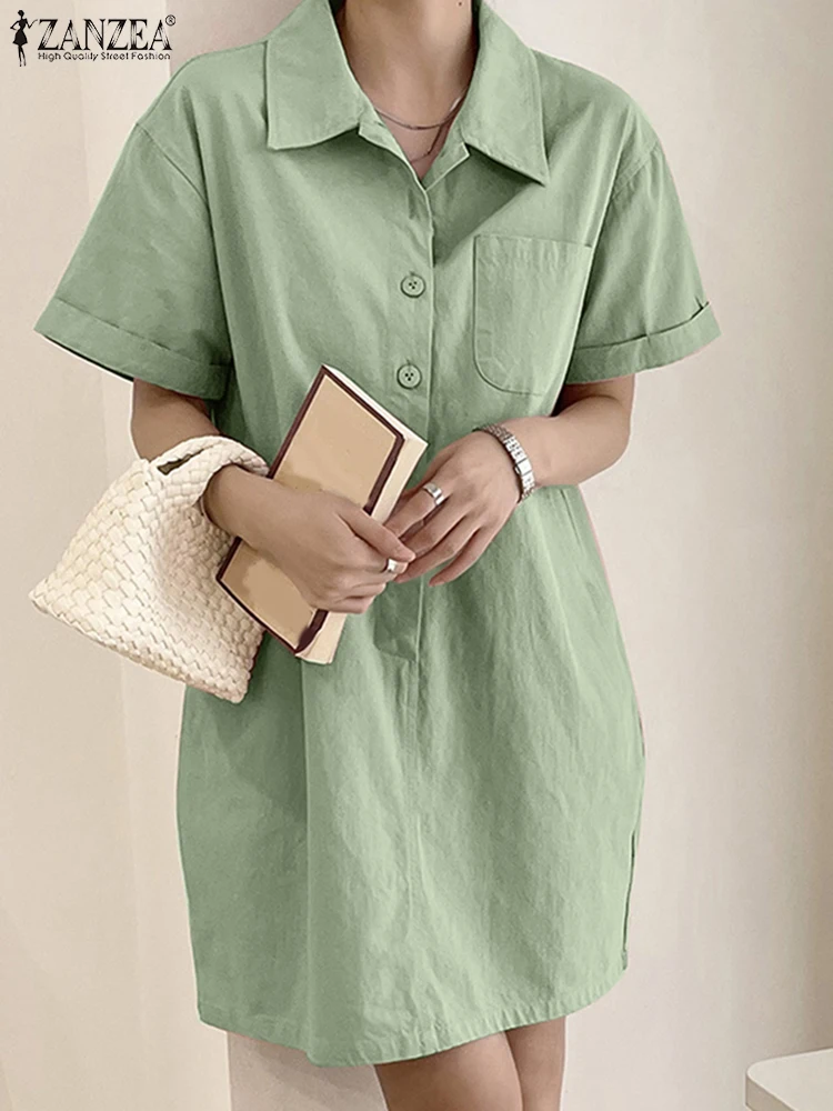 Elegant Solid Shirt Dress 2025 ZANZEA Summer Women Work Knee-length Sundress Stylish Casual Lapel Neck Short Sleeve Vestidos