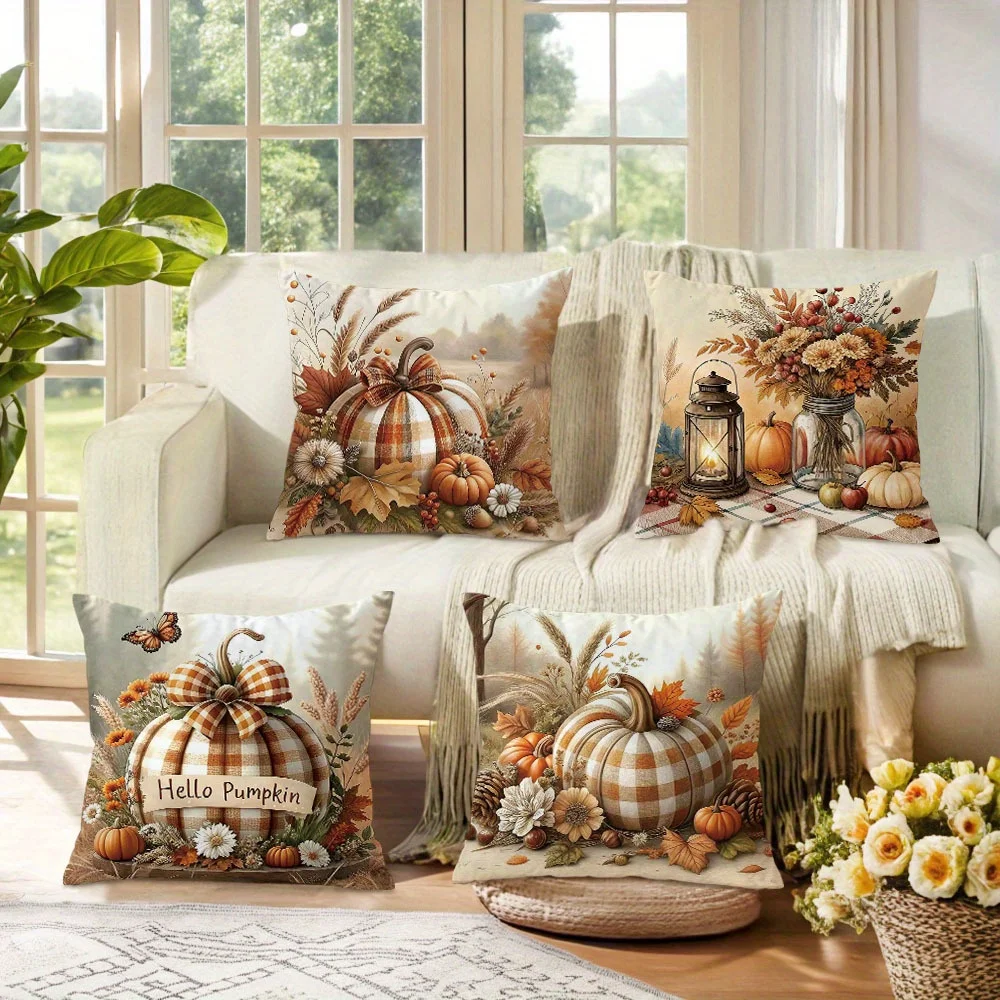4Pcs Halloween Linen Cushion Cover Trick or Treat Theme Pillowcase Stripe Pumpkin Pillow Cover Halloween Party Decoration 2025