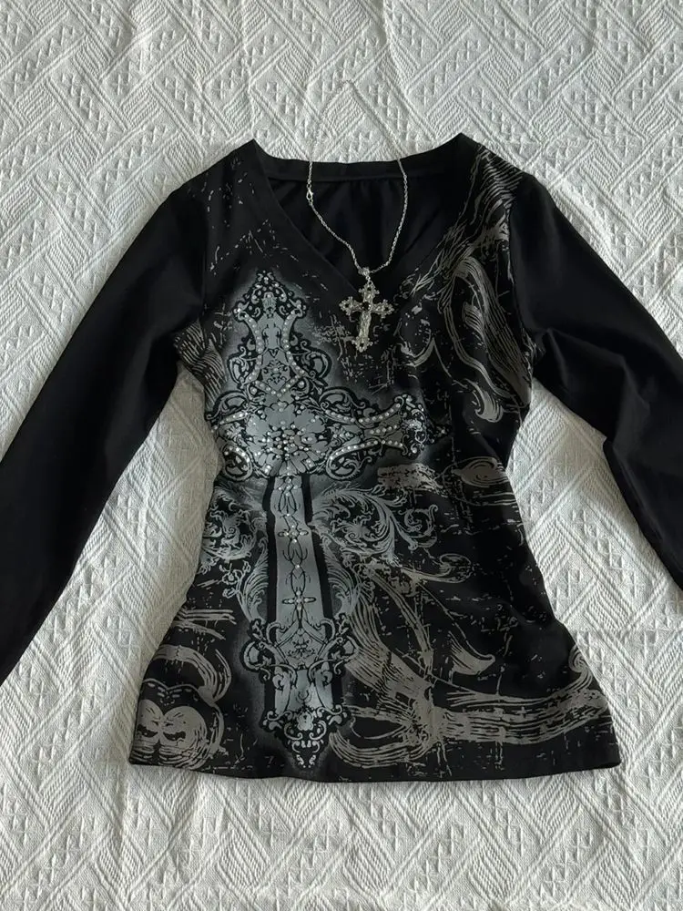 القوطية الأمريكية الجرونج سليم مثير خمر Harajuku الإبداعية طباعة القمم المتمردين ايمو فتاة شخصية الاتجاه كم طويل تي شيرت #1