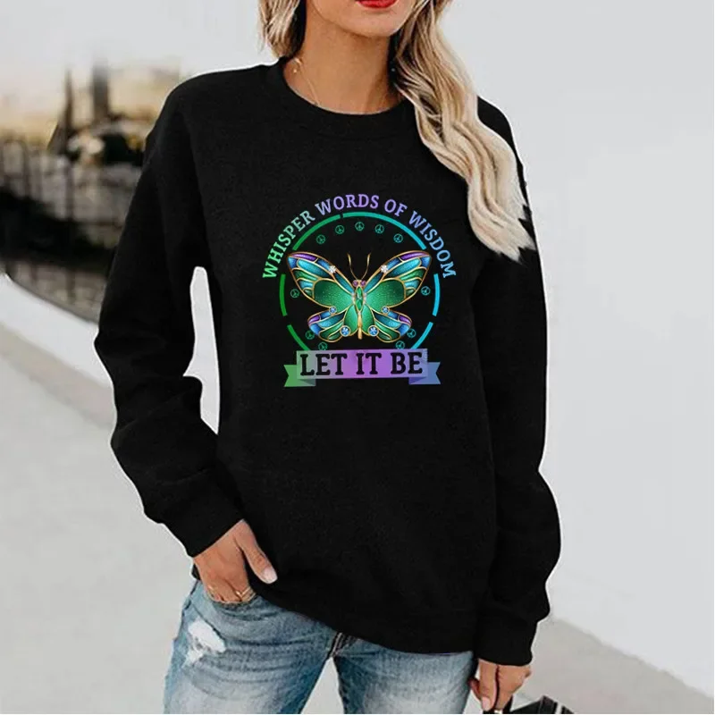 Butterfly Fun Pattern Printed Long Sleeve Hoodless Crewneck Hoodie Woman Sweatshirt  Sweatshirts  Streetwear Women