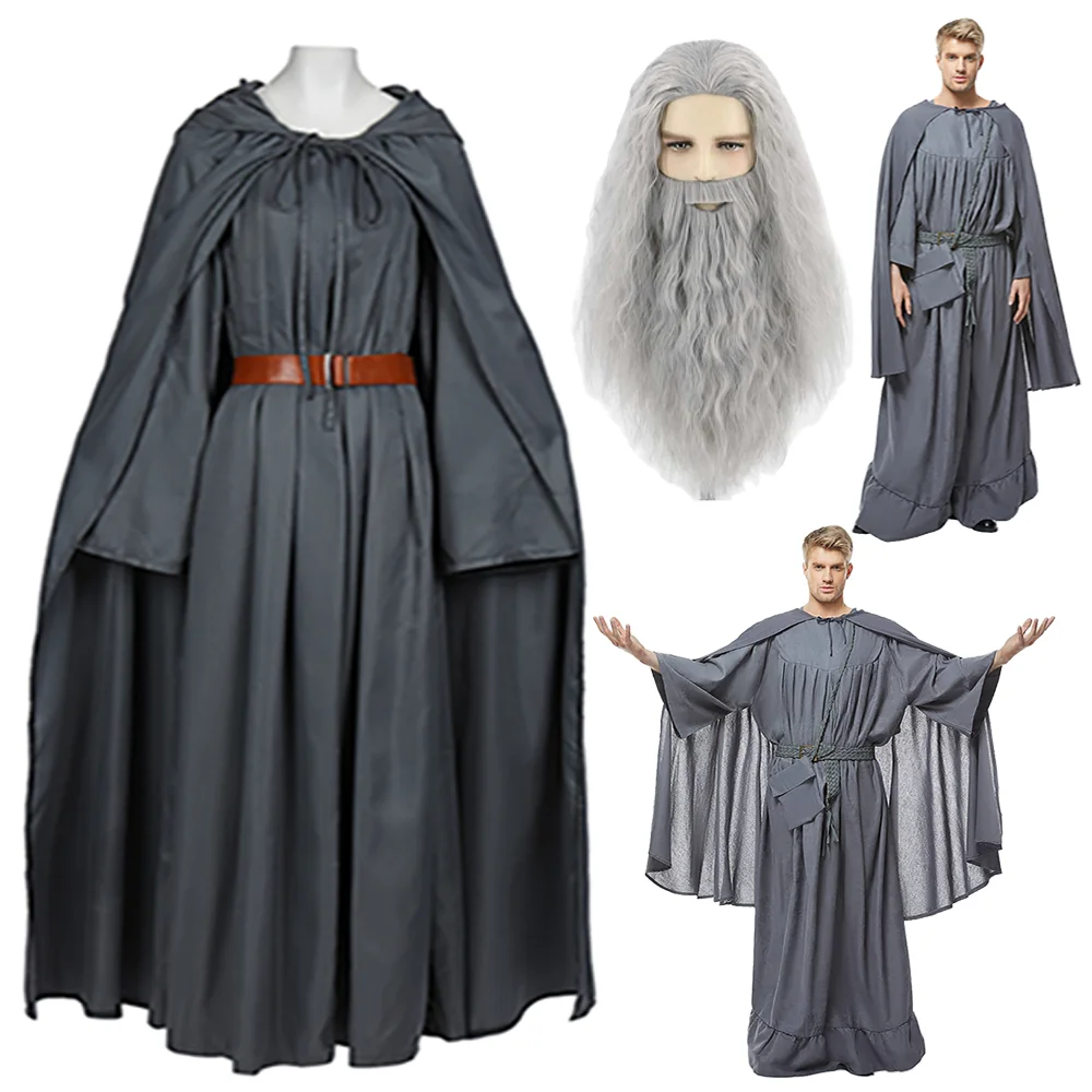 Disfraz de juego de rol Gandalf, disfraz del Señor de los anillos, bata clásica, capa, peluca, barba, disfraz de fiesta de Carnaval y Halloween
