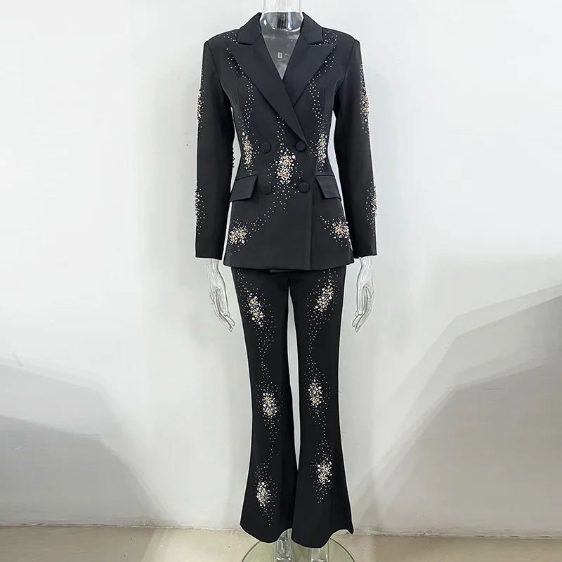 2025 Star Fashion New Heavy Industry Nail Bead Hot Stamping Suit Jacket Long Pants Two-Piece Set