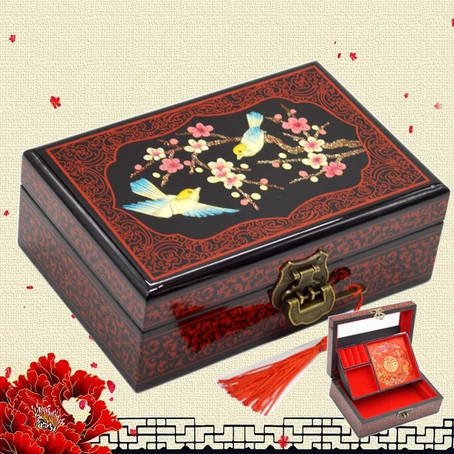 

Chinese Magpie Jewelry Box Wooden Double Layer Jewelry Storage Handmade Painted Antique Makeup Case with Mirror Wedding Gift
