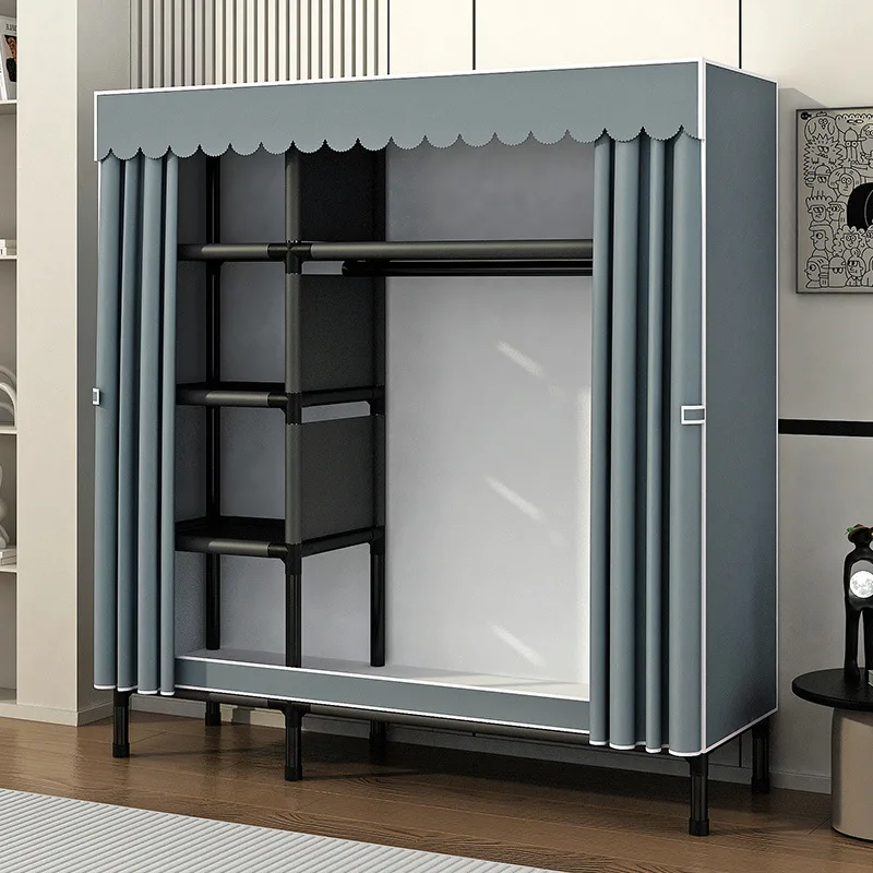 

Simple wardrobe household bedroom assembly full steel frame thickened cloth wardrobe strong and durable rental room storage