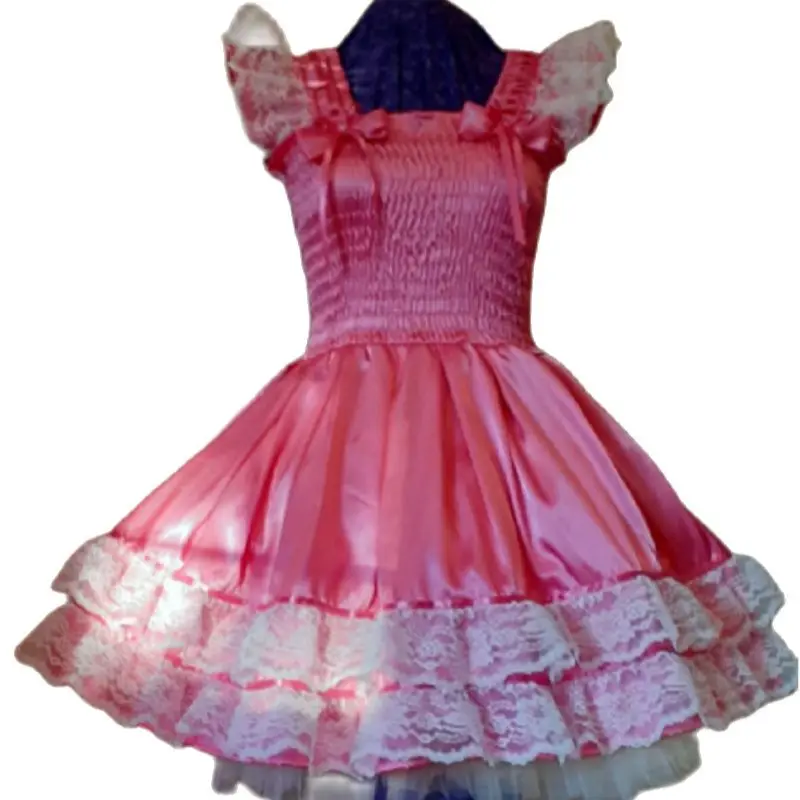 

French Sissy Sun Dress Satin Hot Pink Lolita Adult Baby Dress Maid Role Play Costume Customization