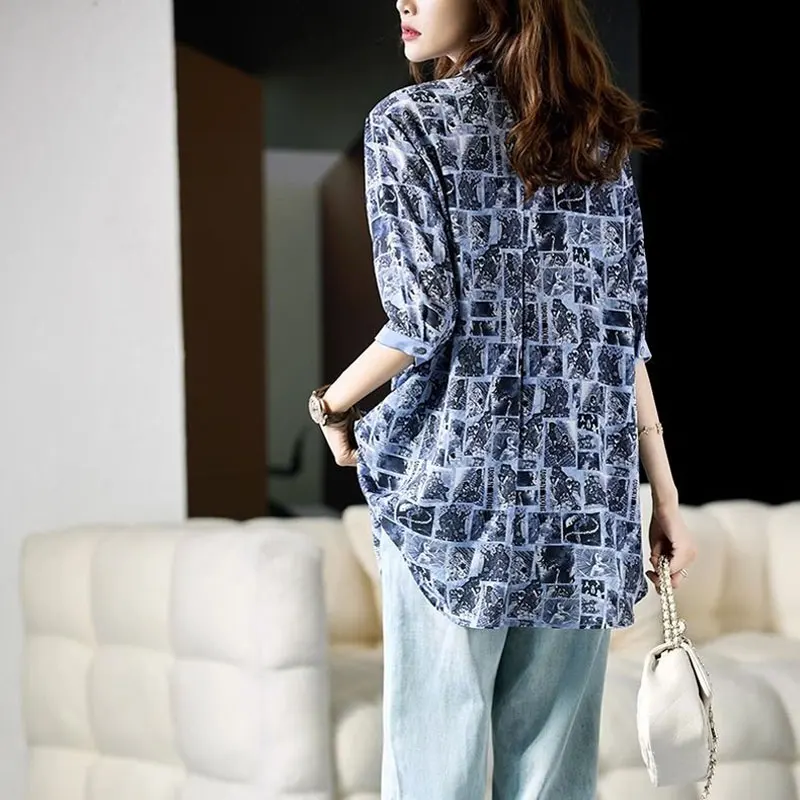 Vintage Fashion Printed Shirt Loose Casual V-Neck Button Female Clothing 2024 Summer New Commute Half Sleeve All-match Blouse