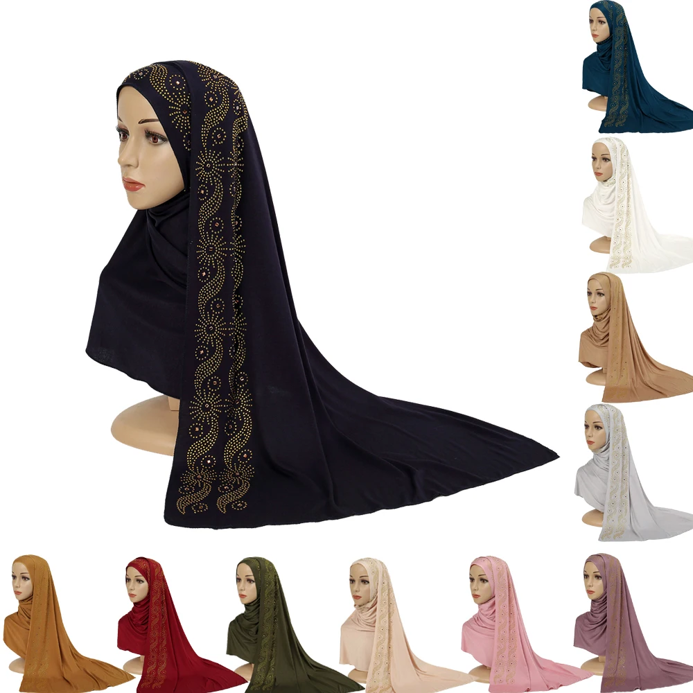 Malasia mujeres musulmanas diamantes instantáneo Hijab Jersey bufanda larga chal islámico árabe turbante bufandas diadema Color sólido 170*70cm