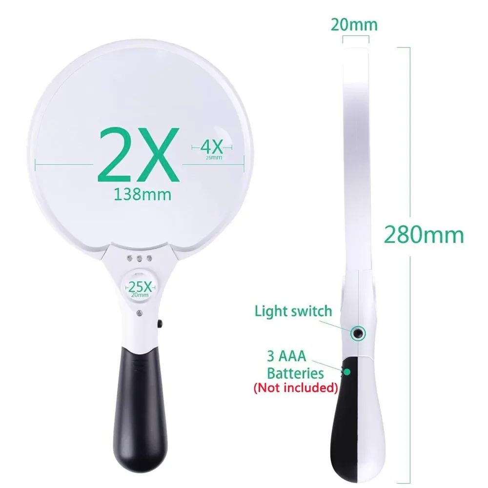 Large Magnifying Glass 2X 4X 25X Handheld Magnifier With 3 LED Lights For Seniors Reading Inspection 137MM