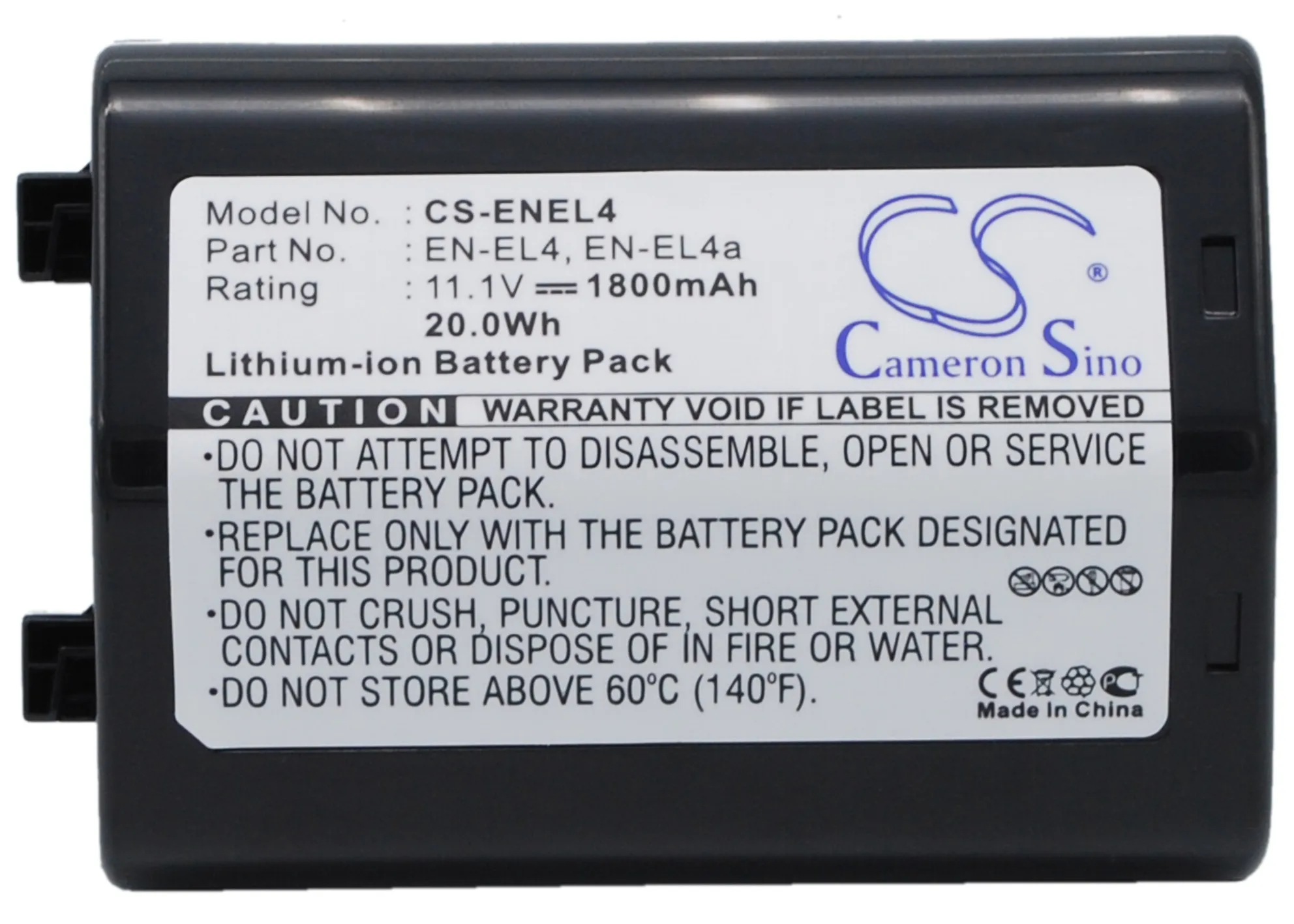 Cameron Sino 1800mAh Camera Battery EN-EL4, EN-EL4a, EN-EL4e for NIKON D2H, D2Hs, D2X, D2Xs, F6, D3, D3X, D3S