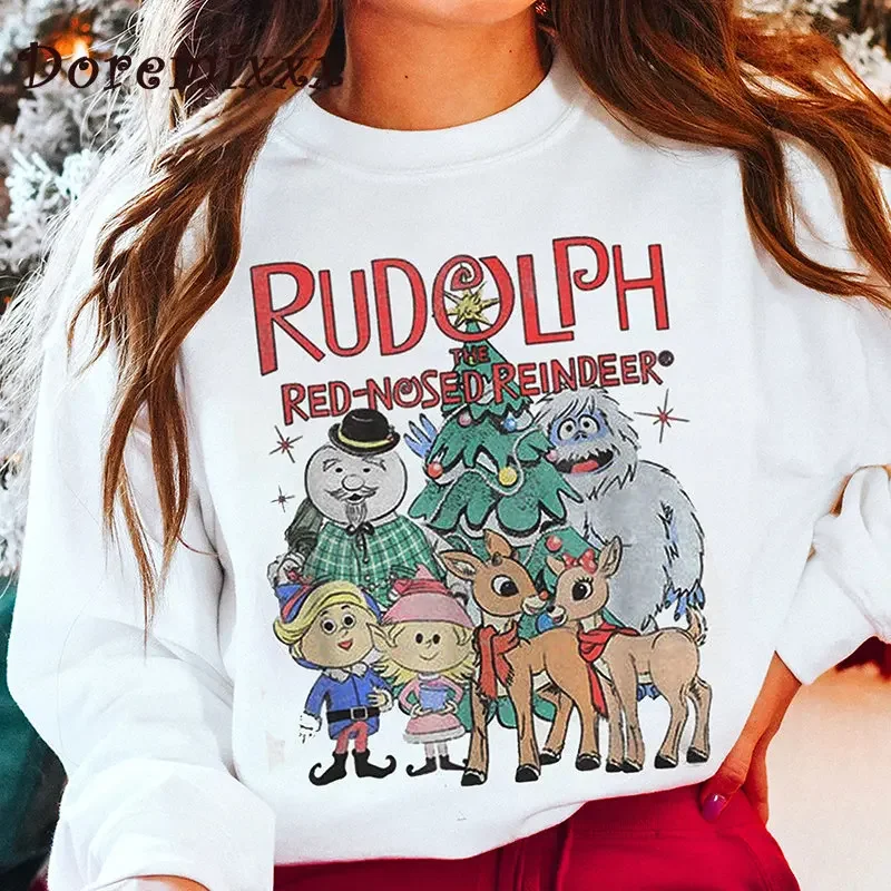 Rudolph The Red Nosed Reindeer Women Pullover Sweatshirt Long Sleeve Casual Sports Lady Oversized Hoodie Cute Christmas Hoodies