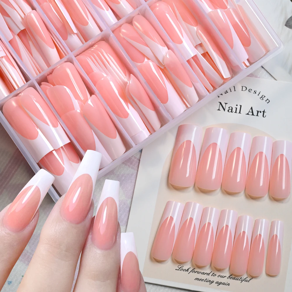 240pcs Oily Sheen Long Square French False Nails High Gloss Pink Wide White-tipped Press On Nails Full Cover Square Fake Nails