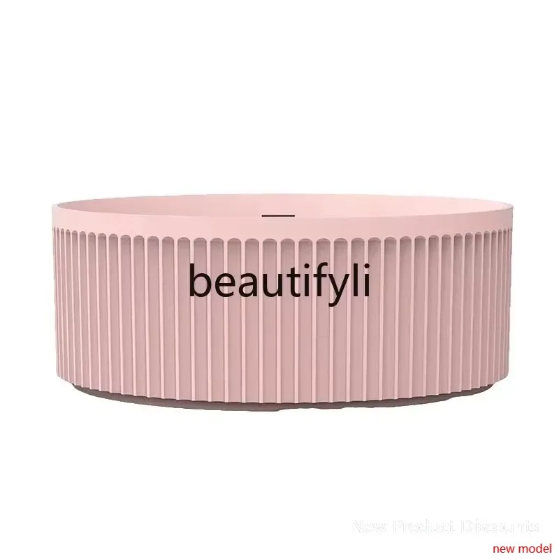 

Pink artificial stone bathtub Free-standing circular vertical striped household color bathtub LHY26
