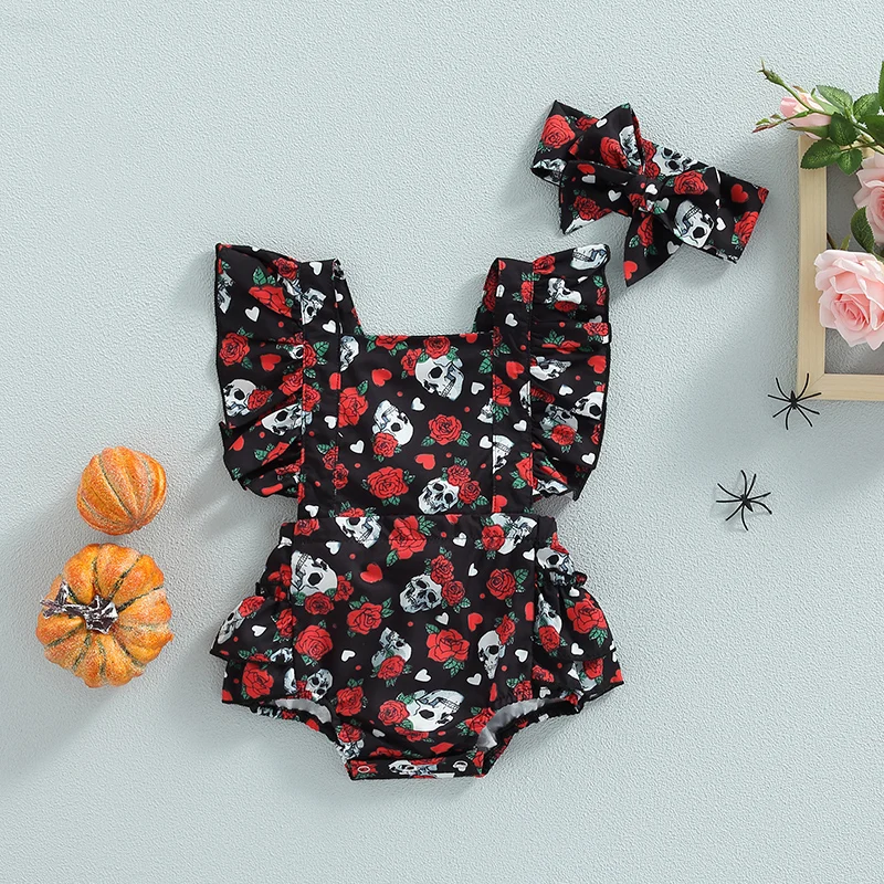 New 2Pcs Baby Girl Halloween Outfit Rose Skull Print Square Neck Ruffle Romper + Hairband Set For Infants 0-24 Months