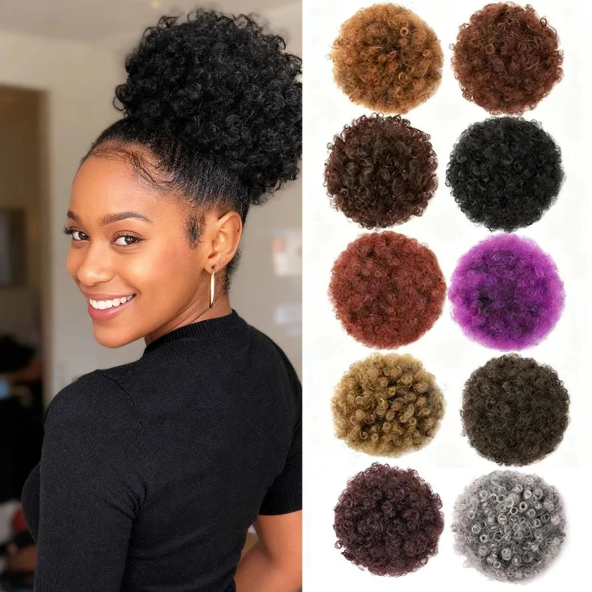 Extensão de Rabo de Cavalo Afro Puff com Cordão para Mulheres Negras, Rabo de Cavalo Sintético Afro Puff para Coque com Cordão e Clipe
