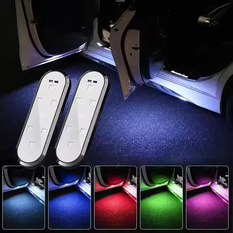 2個入り 車用LEDドアライト RGB LED ワイヤレスドア警告灯 USBウェルカムドアシルプロジェクター 磁気式オートアンビエントランプ パドルライト