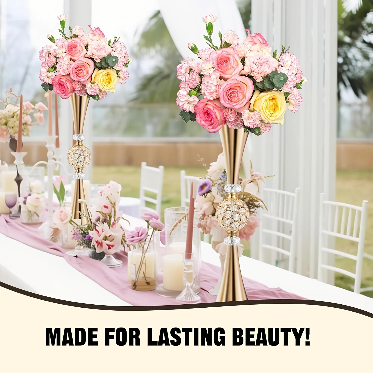 2pcs Elegant Golden Tall Crystal Flower Vases – 70 cm Trumpet-Shaped Vase Set for Table or Floor Display, Ideal for Bouquets, Ce view 8
