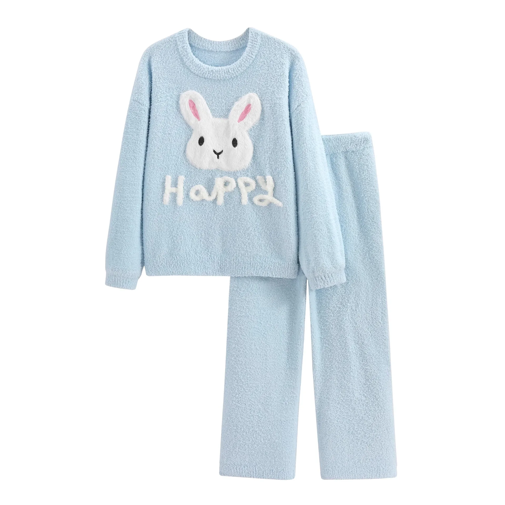 

Rabbit Blue Pajamas Long Sleeve Crew Neck Pullover Soft Top Pants Autumn Homewear Winter Sleepwear Clothing Sets for Women