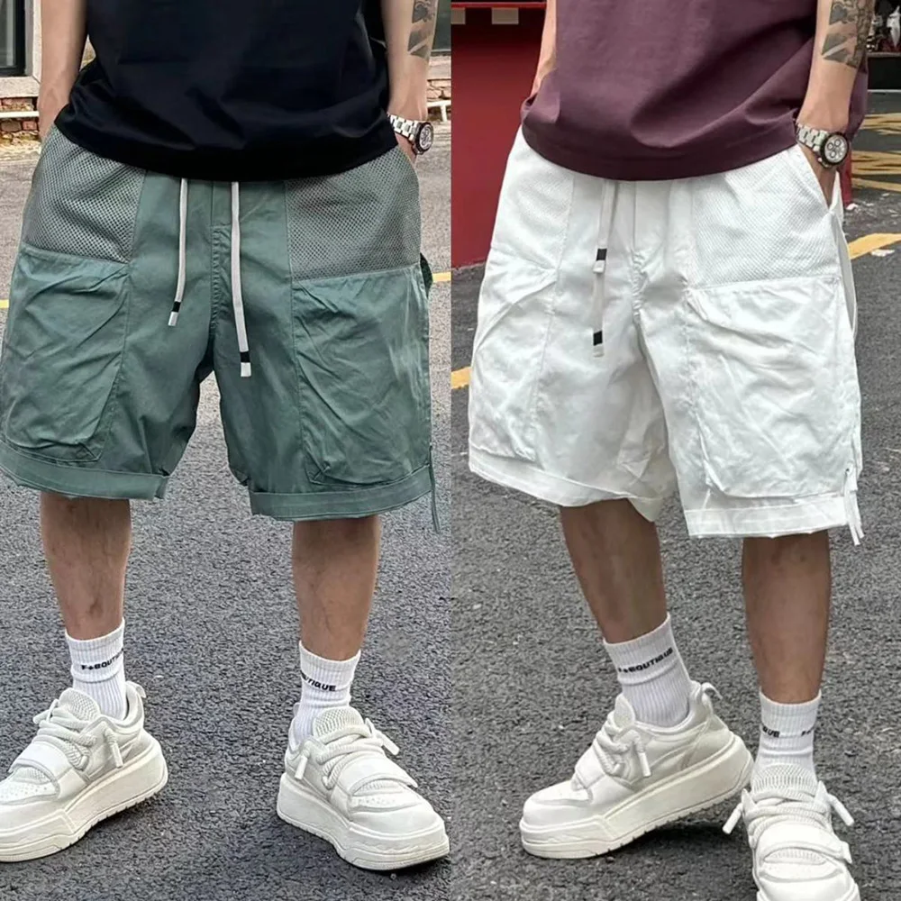 Mens Shorts Patchwork Mesh Solid Simple Large Pocket Personality Workwear Shorts Casual Baggy Fashion Versatile Mens 2024 Summer