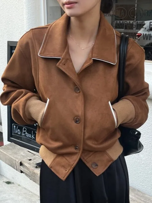 

Retro Motorcycle Design Spliced ort Outerwear Women's Faion Top Trendy Fauna Velvet Jaet Korean Sle Loose Fit Warm