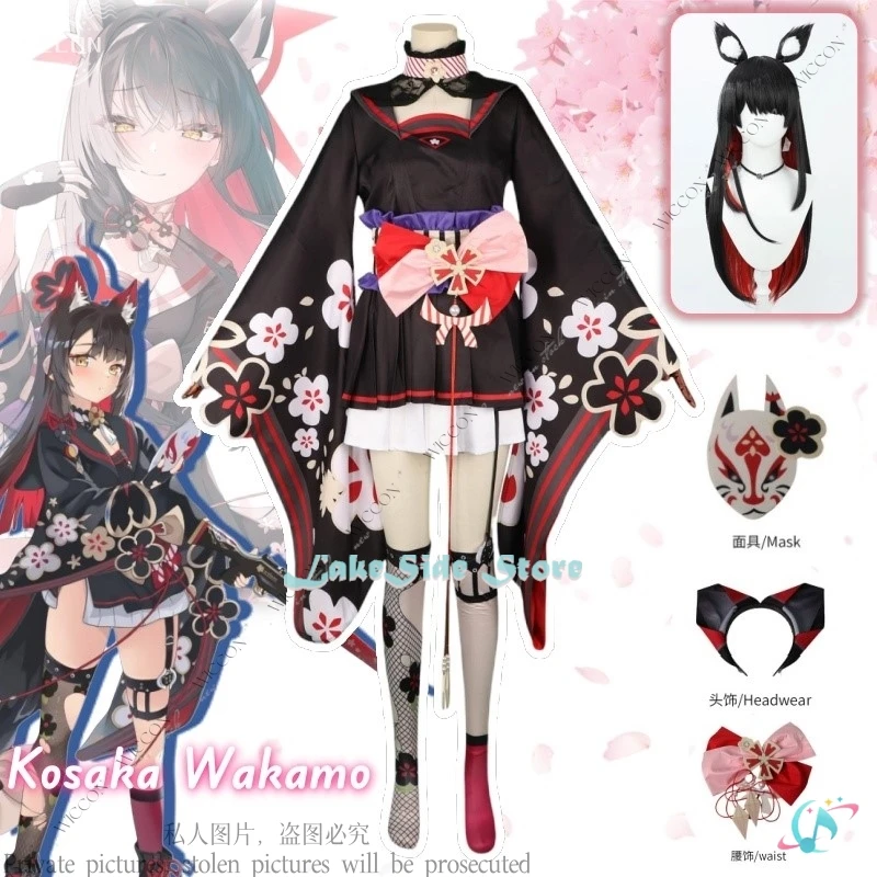 Kosaka Wakamo azul Cos archivo mujer Cosplay disfraz peluca pendientes zorro Kimono Cos mujer hombre juego de rol Comic-Con adulto chico conjunto