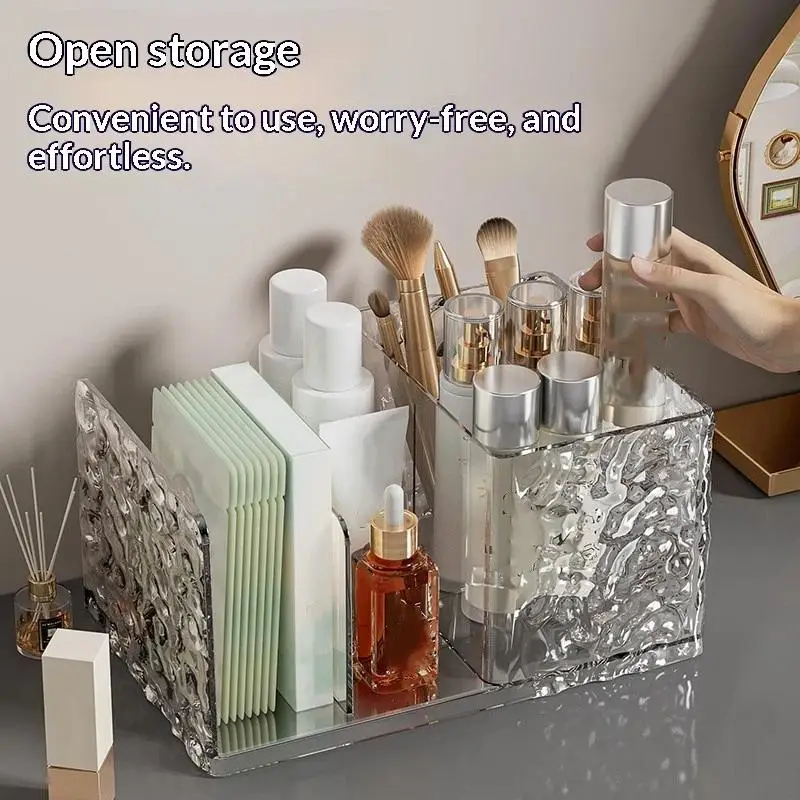 1Pcs Clear Glacier Textured PET Cosmetic Organizer Multiple Compartments No Assembly Required For Vanity Desk Store Skincare