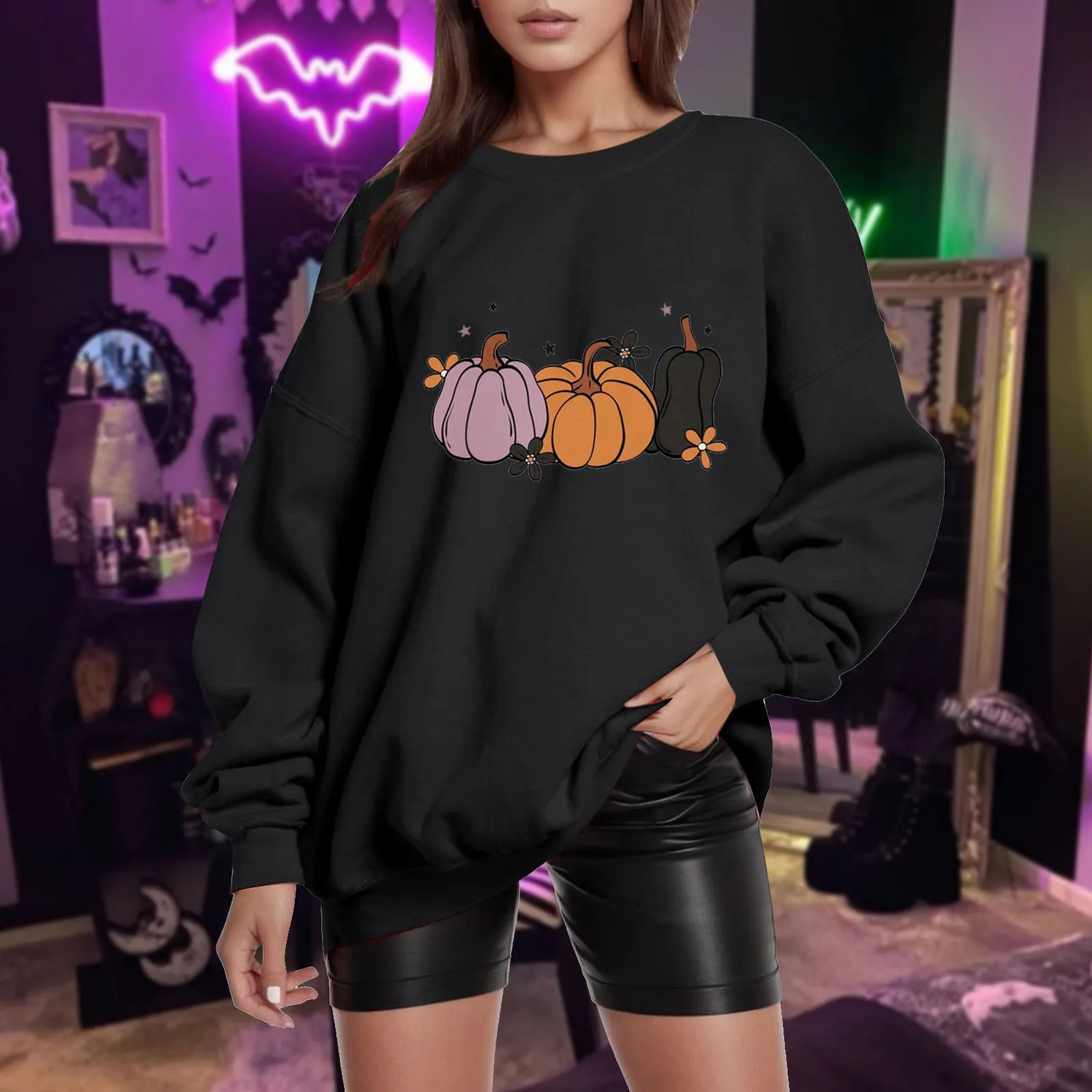 

Star Sweater Shirt Women's Loose Solid Color Halloween Three Pumpkin Print Drop Shoulder Sleeve Hoodless Active Fleece