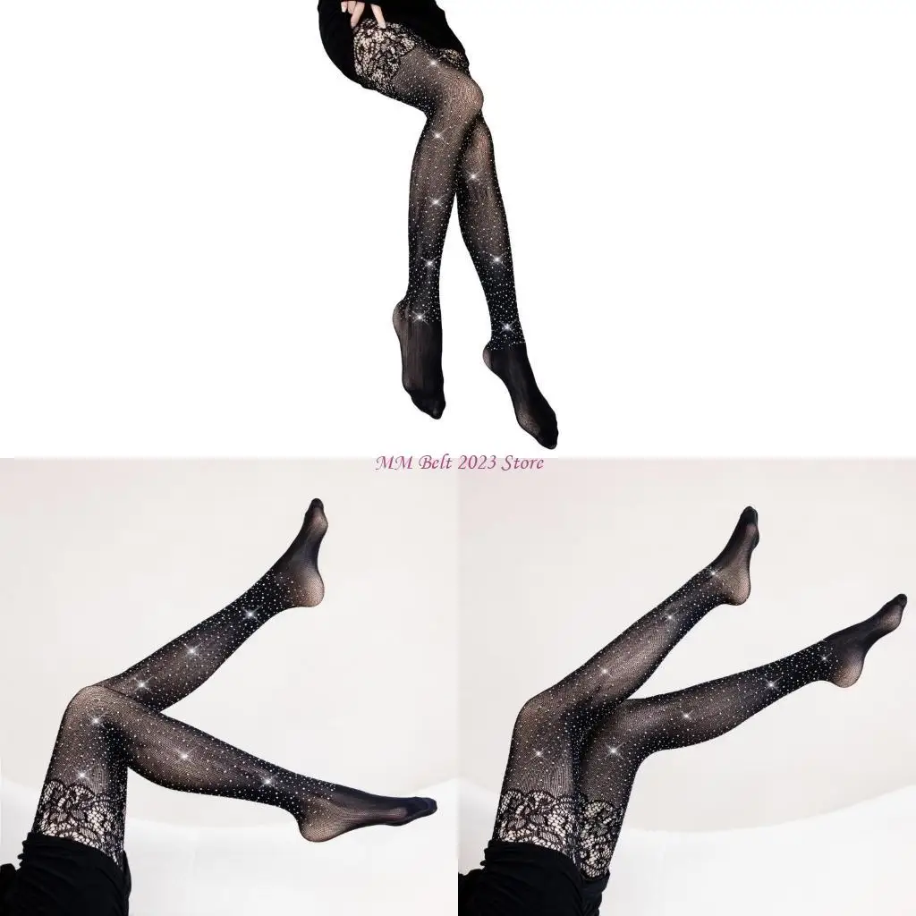 

49ME Women's Rhinestones Mesh Pantyhose Hollowed Out Floral Tights for Party