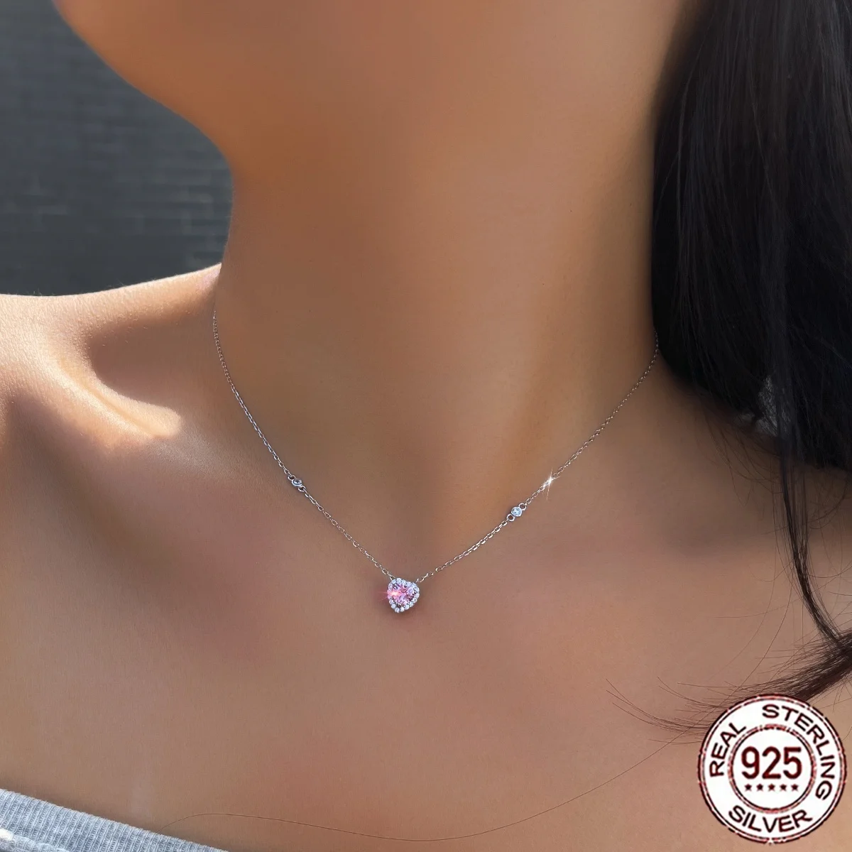 QooLady 925 Sterling Silber Rosa Herzschliff Zirkonia Halo-Fassung Anhänger Halskette Edler Schmuck für Frauen Valentinstagsgeschenk SD091 – Detail 11