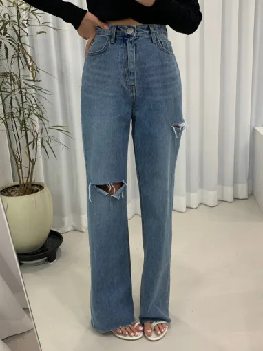 South korea Chic Summer New Design Sense  High Waist Asymmetric Torn Burr Straight Mop Jeans Women