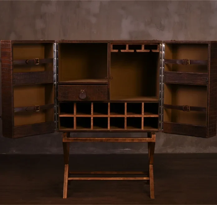 

X Cross Base Vintage Leather Wine Bar Cabinet