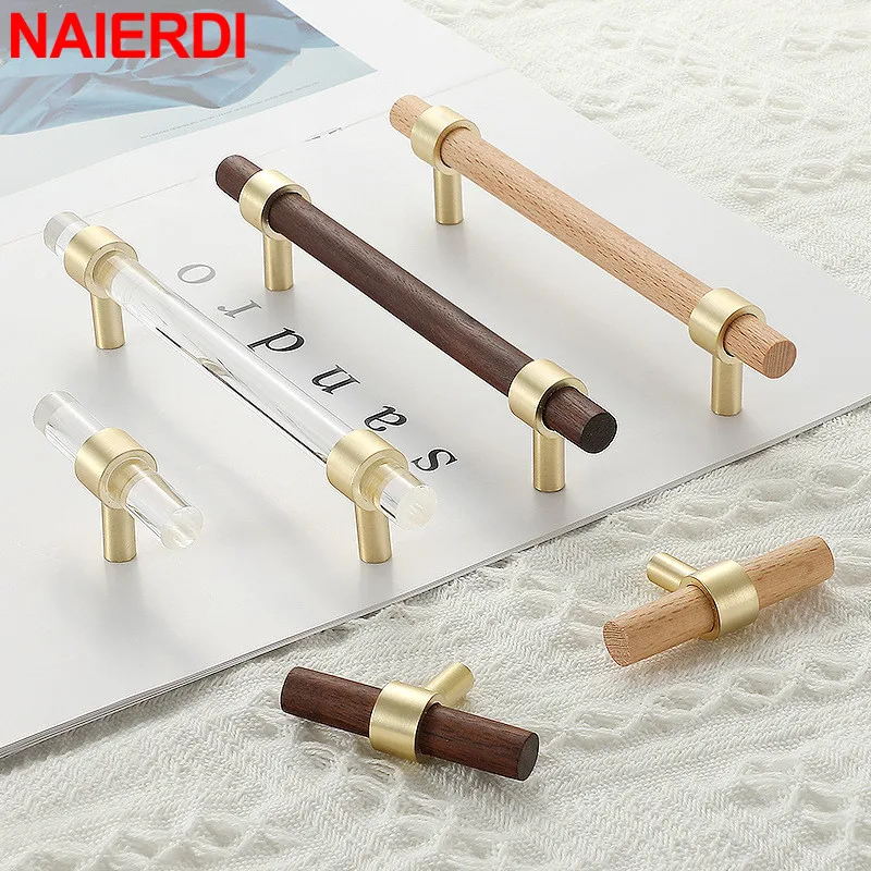 

NAIERDI Zinc Alloy Acrylic Cabinet Handles Walnut Rosewood Furniture Handles T Bar Gold Kitchen Pull Door Handle Hardware