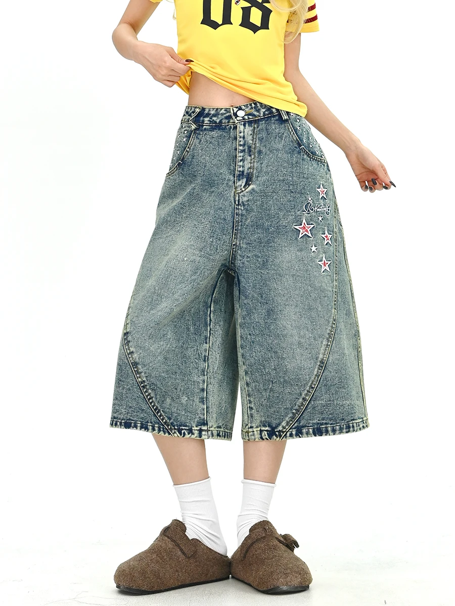 

Waed Denim Embroidered Loose Women's 7/8 Length Pants Summer New Sle American Trendy Brand mid Waist Zipper ket