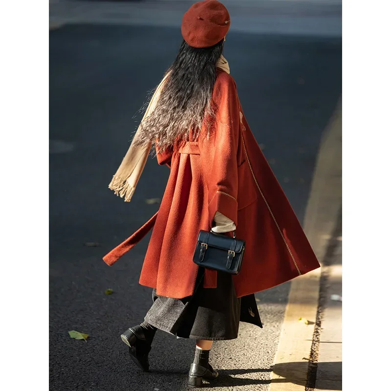 Maple Leaf Theme Chinese Style Hanfu Set Embroidery Song Dynasty Women Winter Red Woolen Coat Beige Shirt Black Spiral Skirt New