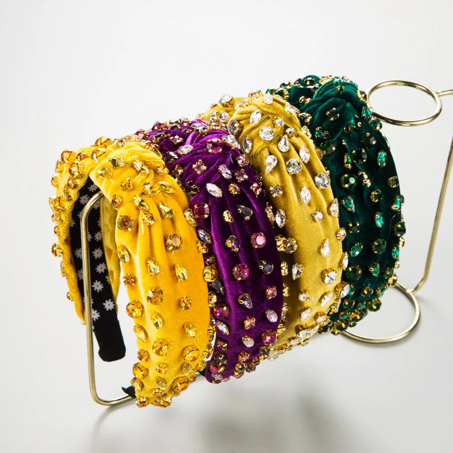 

Heavy Beaded Velvet Knotted Headband Luxury Sparkling Colorful Rhinestone Hairband Retro Autumn Winter Thick Padded Hair Loop