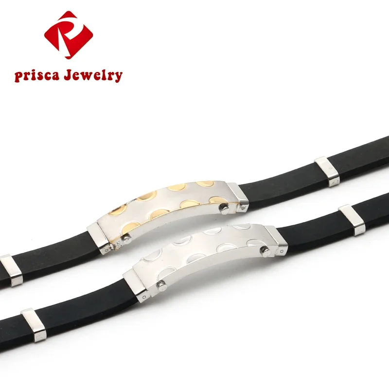 ROXI Stainless Steel Hip Hop Bracelet for Men 21cm Korean Fashion Black Jewelry with Silicone Charms Hip Hop Boy Gifts