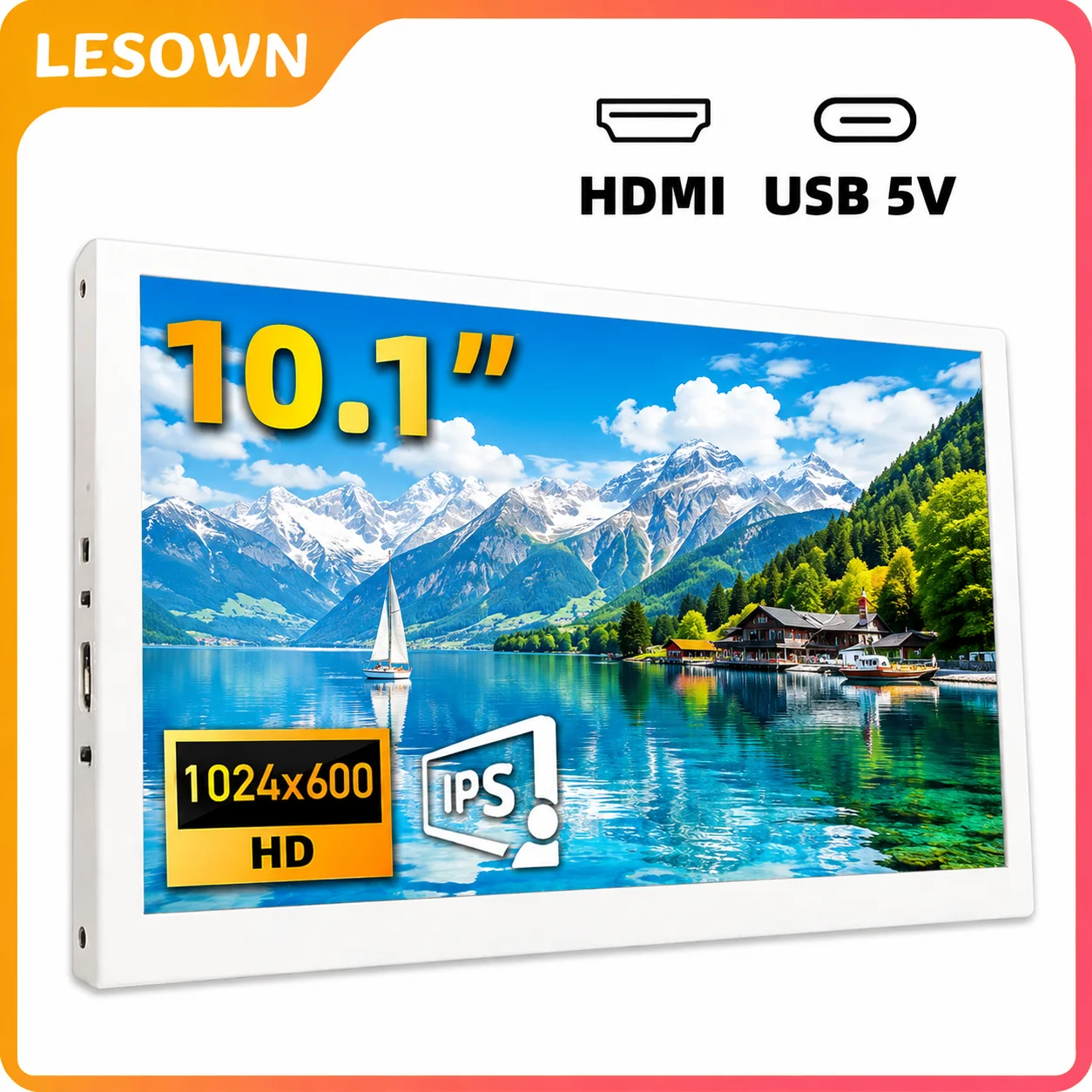 LESOWN Desktop DIY Dev Board Screen 10.1 White Aluminum HDTV Touch Display RPi Microcomputer Secondary Monitor